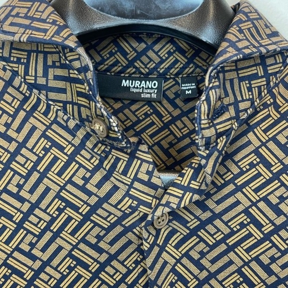Murano Liquid Luxury Slim Fit Geometric Button Up Navy Blue Brown size M - Picture 12 of 13